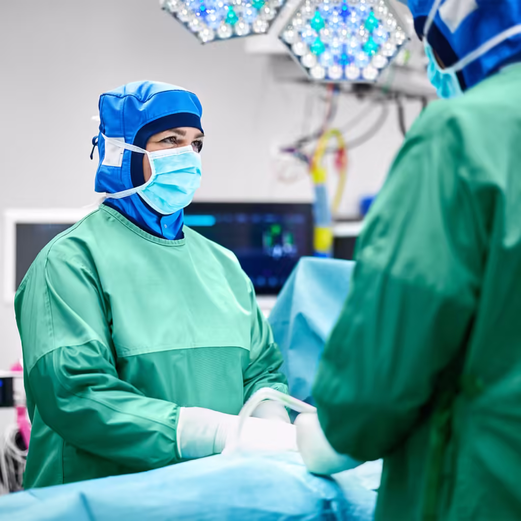 Kvinnlig operationssjuksköterska med operationskläder utför en operation i en operationssal på ett sjukhus.